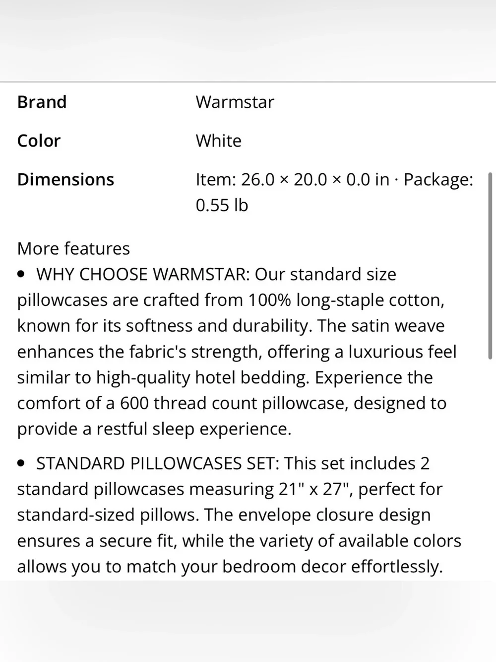 Standard Size Pillowcases 100% Long Staple Cotton 600 Thread Count - WHITE